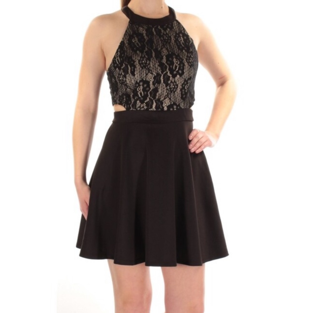 Black Embroidered Halter Skater Dress